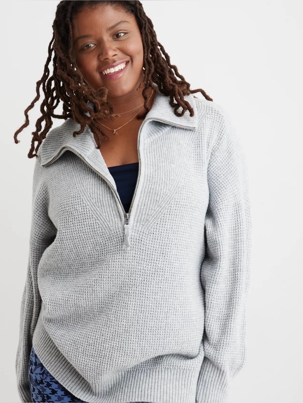 Aerie Grey CozyUp Waffle 1/4 Zip Sweater